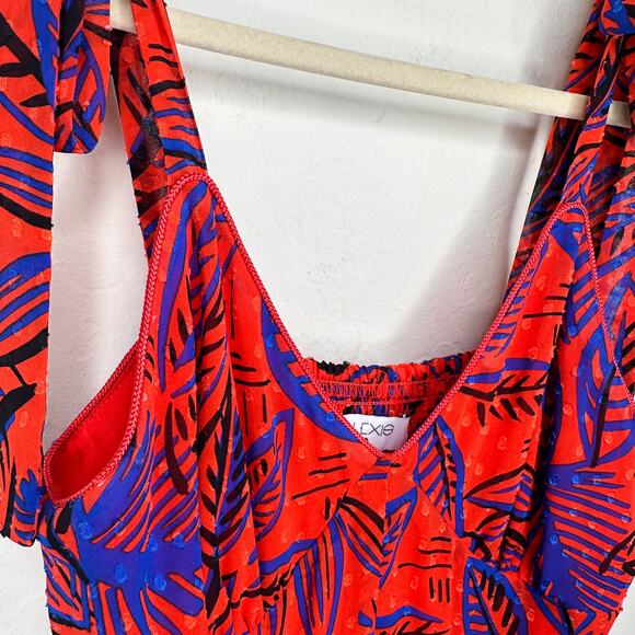 Alexis x Target Tropical Leaf Tie Shoulder Red Blue Handkerchief Midi Dress XS - Picture 5 of 16